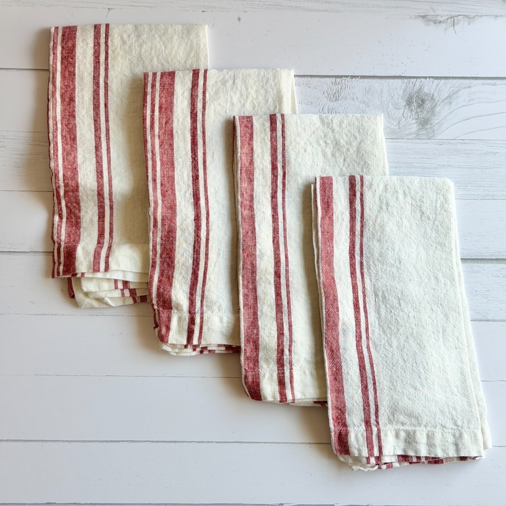 NEW Williams-Sonoma Everyday Linen Napkins Set of 4 French Stripe Red